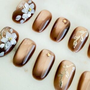 Brown Floral Press-On Nails